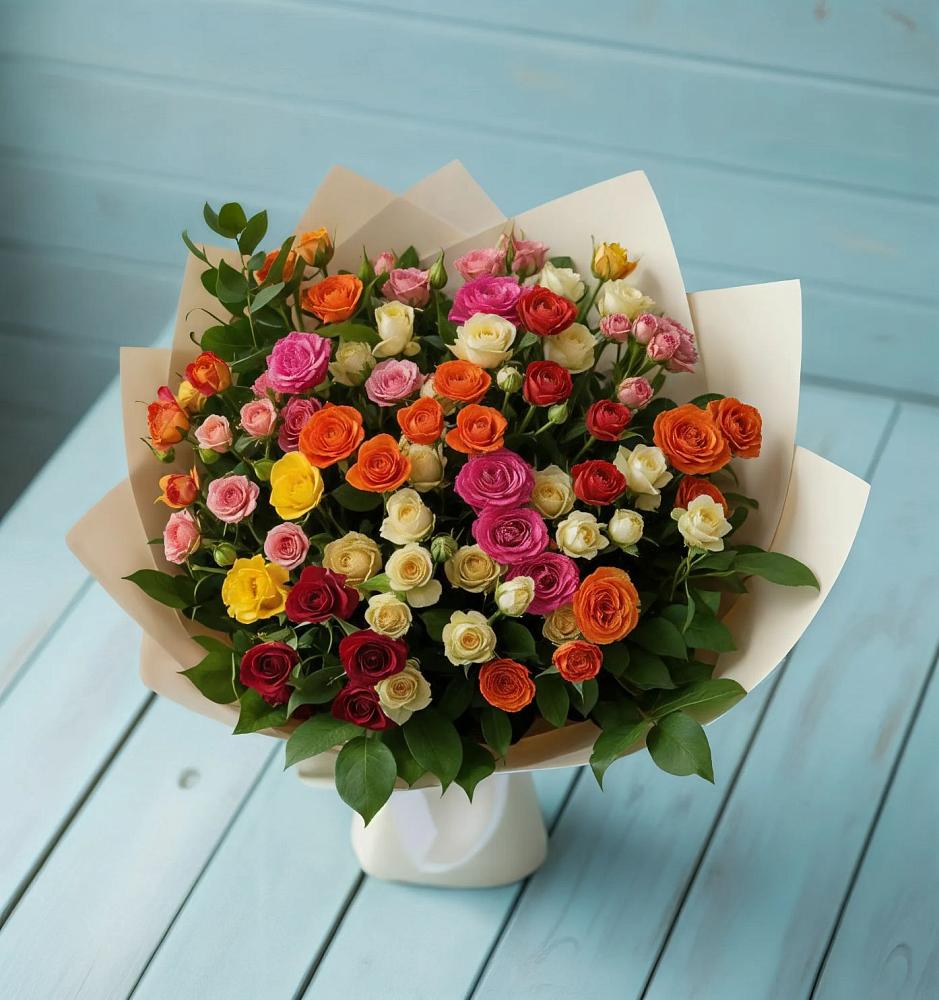 Букет Микс из разноцветных кустовых роз в Советской Гавани